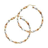 14K Tri Color Curled Polished And Stain Large Twisted Latch and Hinge-Notch Post Backing Hoop Earrings