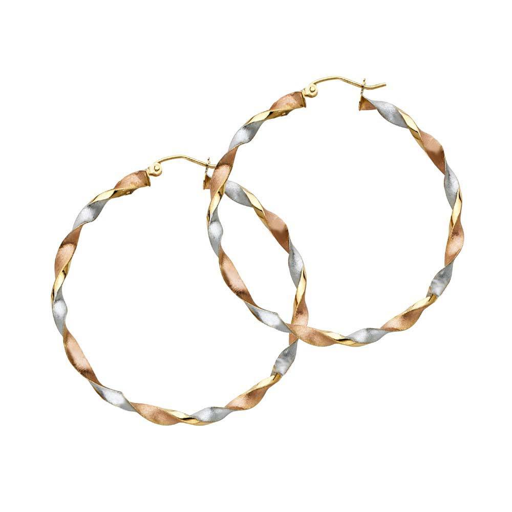 14K Tri Color Curled Polished And Stain Medium Twisted Latch and Hinge-Notch Post Backing Hoop Earrings