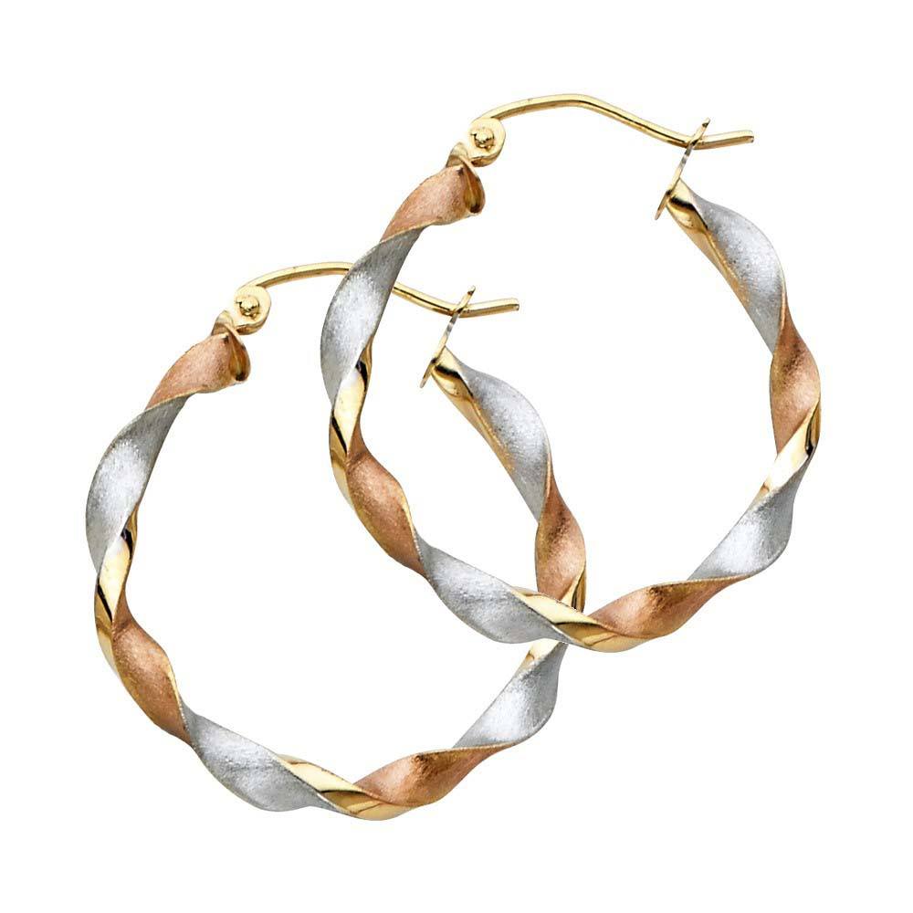 14K Tri Color Curled Polished And Stain Medium Twisted Latch and Hinge-Notch Post Backing Hoop Earrings