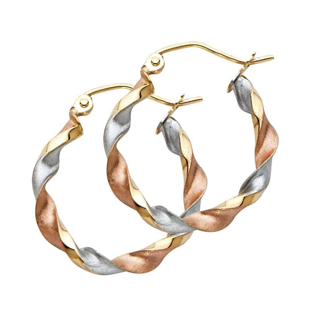 14K Tri Color Curled Polished And Stain Small Twisted Latch and Hinge-Notch Post Backing Hoop Earrings
