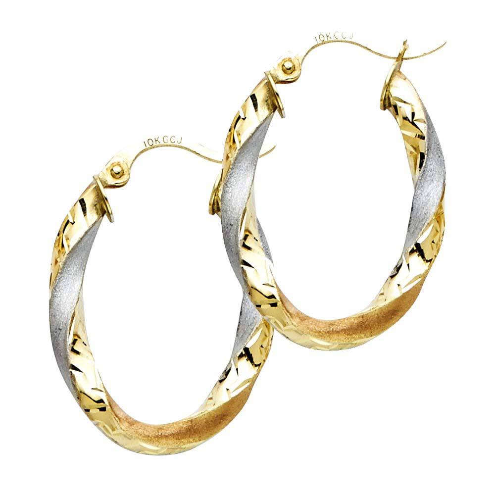 14K Two Tone Gold Curled Hollow Oval Polished And Stain Medium Twisted Latch and Hinge-Notch Post Backing Hoop Earrings
