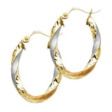 14K Two Tone Gold Curled Hollow Oval Polished And Stain Medium Twisted Latch and Hinge-Notch Post Backing Hoop Earrings