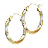 14K Two Tone Gold Curled Hollow Oval Polished And Stain Medium Twisted Latch and Hinge-Notch Post Backing Hoop Earrings