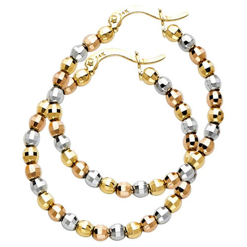 14K Tri color Gold Medium Polished Faceted Latch And Hinge-Notch Post Backing Beaded Hoop Earrings