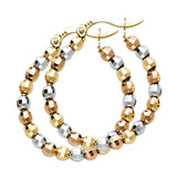 14K Tri color Gold Medium Polished Faceted Latch And Hinge-Notch Post Backing Beaded Hoop Earrings
