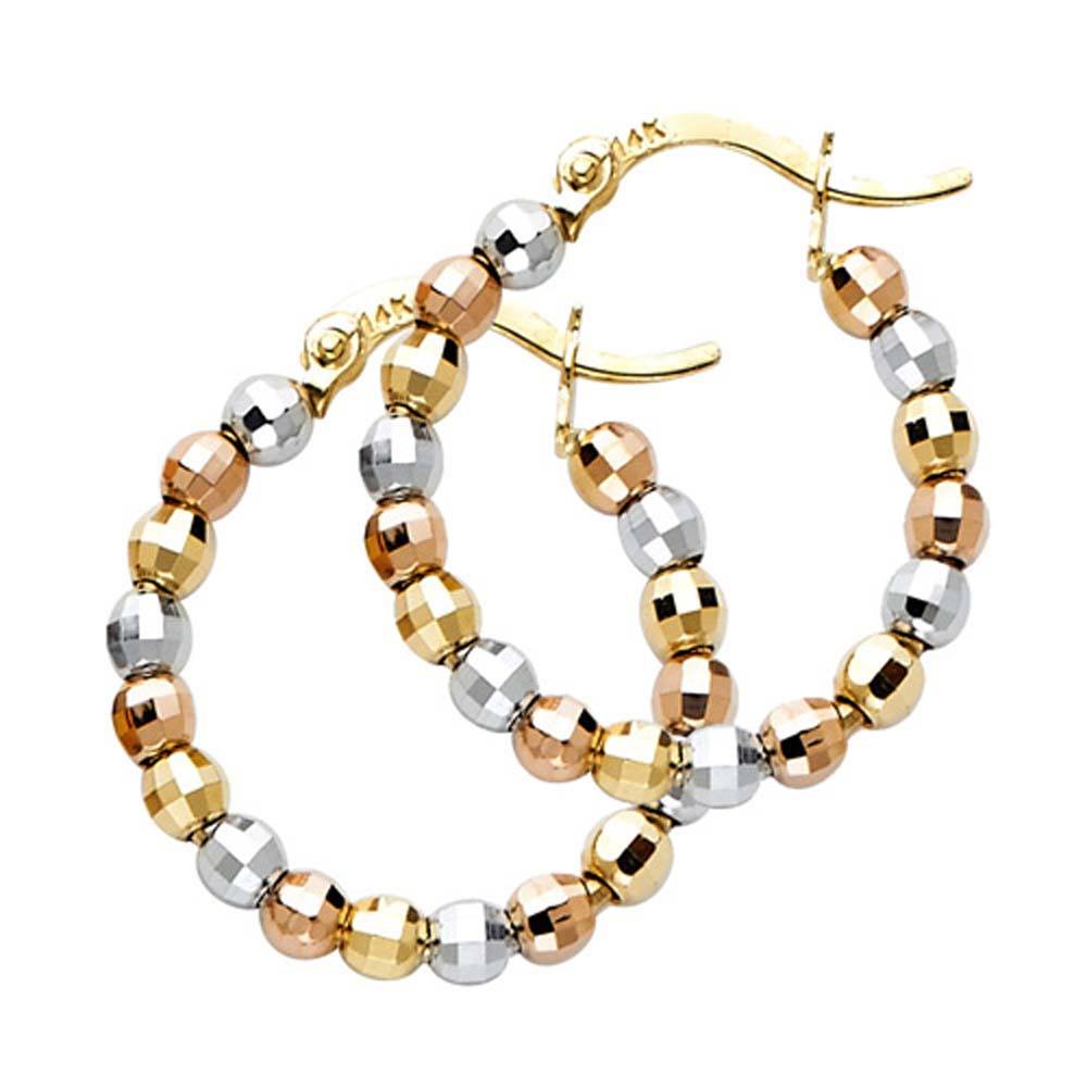 14K Tri color Gold Small Polished Faceted Latch And Hinge-Notch Post Backing Beaded Hoop Earrings