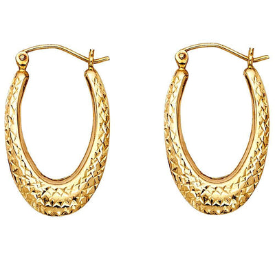 14K Yellow Gold Teardrop Medium Diamond Cut Polished Crescent Oval Hollow Latch And Hinge-Notch Post Hoop Earrings