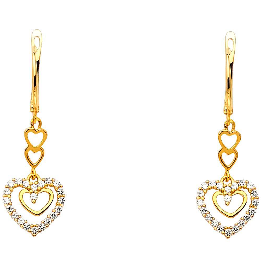 14K Yellow Gold CZ Heart Hanging Earrings