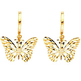 14K Yellow Gold Diamond Cut Butterfly Hanging Earrings