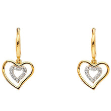 Load image into Gallery viewer, 14K Two Tone Gold CZ Heart Hanging Earrings