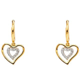 14K Two Tone Gold CZ Heart Hanging Earrings