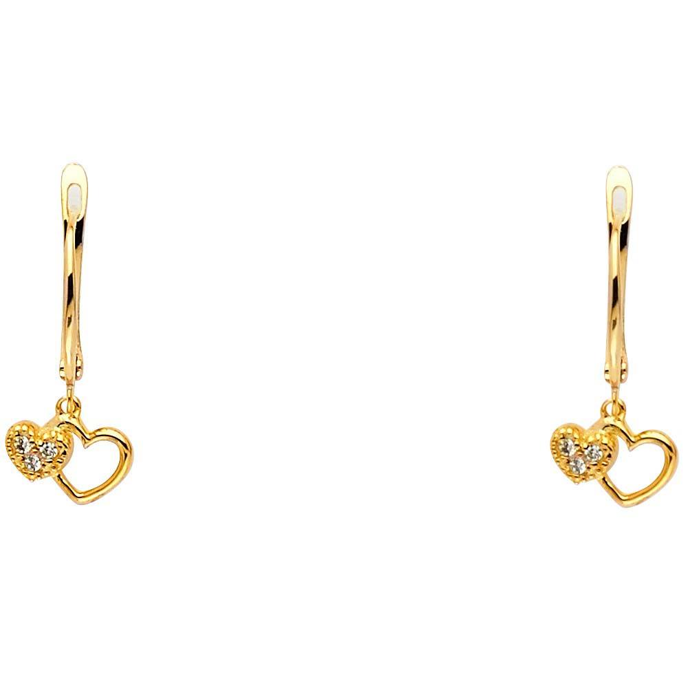 14K Yellow Gold CZ 2 Heart Hanging Earrings