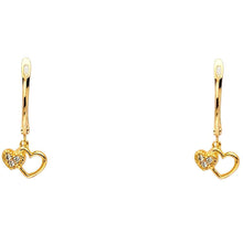 Load image into Gallery viewer, 14K Yellow Gold CZ 2 Heart Hanging Earrings