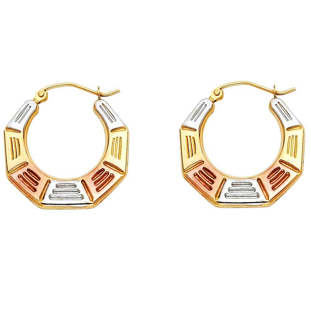 14k Tri Color Gold 21mm Polished Textured Crescent Fancy Hollow Hoop Earrings