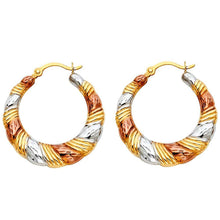 Load image into Gallery viewer, 14k Tri Color Gold 22mm Polished Ribbed Crescent Fancy Hollow Hoop Earrings