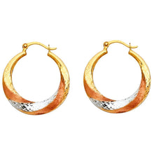 Load image into Gallery viewer, 14k Tri Color Gold 21mm Polished Faceted And Satin Crescent Swirl Fancy Hollow Hoop Earrings