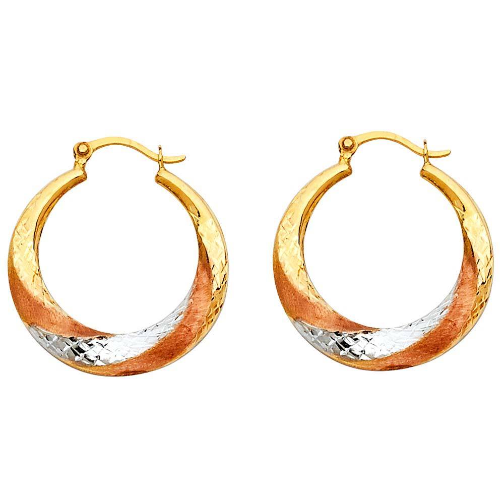 14k Tri Color Gold 21mm Polished Faceted And Satin Crescent Swirl Fancy Hollow Hoop Earrings