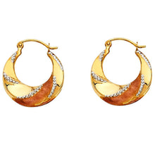 Load image into Gallery viewer, 14k Tri Color Gold 18mm Polished Milgrain Crescent Swirl Fancy Hollow Hoop Earrings