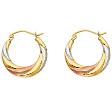 Load image into Gallery viewer, 14k Tri Color Gold 20mm Polished And Textured Crescent Swirl Hoop Earrings