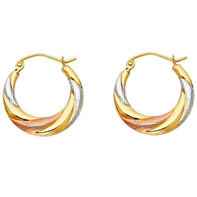 14k Tri Color Gold 20mm Polished And Textured Crescent Swirl Hoop Earrings
