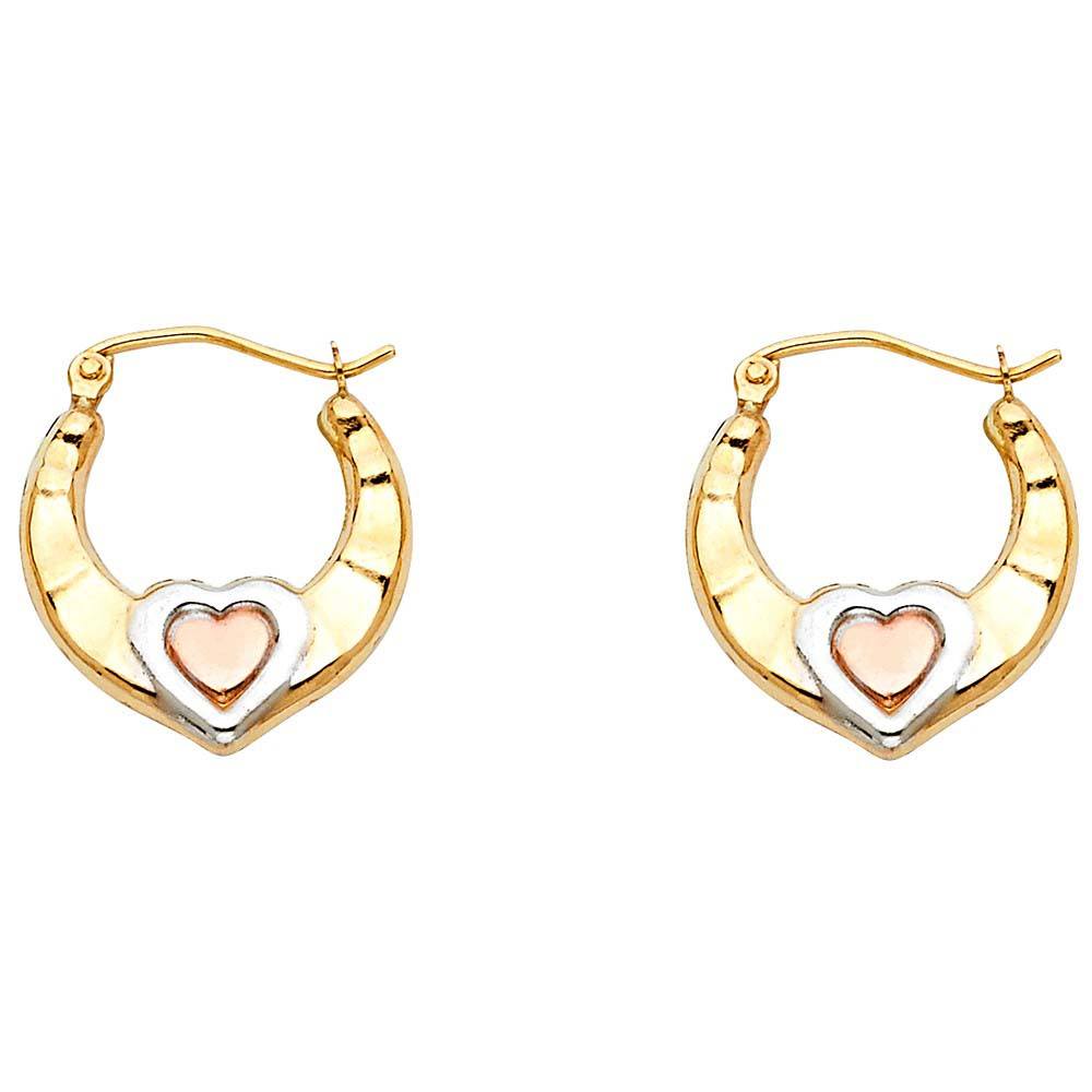 14k Tri Color Gold 19mm Polished Crescent Ribbed Heart Hoop Earrings