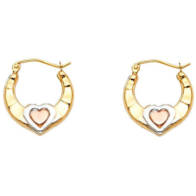 14k Tri Color Gold 19mm Polished Crescent Ribbed Heart Hoop Earrings