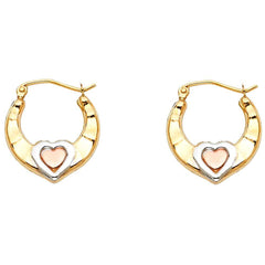 14k Tri Color Gold 19mm Polished Crescent Ribbed Heart Hoop Earrings