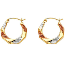 Load image into Gallery viewer, 14k Tri Color Gold 17mm Fancy Hollow Hoop Earrings