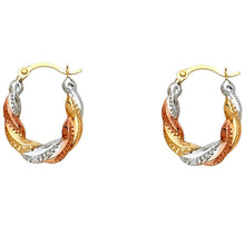 Load image into Gallery viewer, 14k Tri Color Gold 14mm Fancy Hollow Hoop Earrings