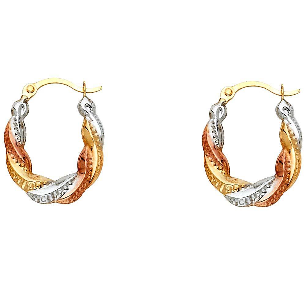 14k Tri Color Gold 14mm Fancy Hollow Hoop Earrings