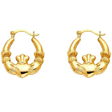 Load image into Gallery viewer, 14k Yellow Gold 15mm Claddagh Hollow Hoop Earrings