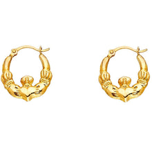 Load image into Gallery viewer, 14k Yellow Gold 12mm Claddagh Hollow Hoop Earrings