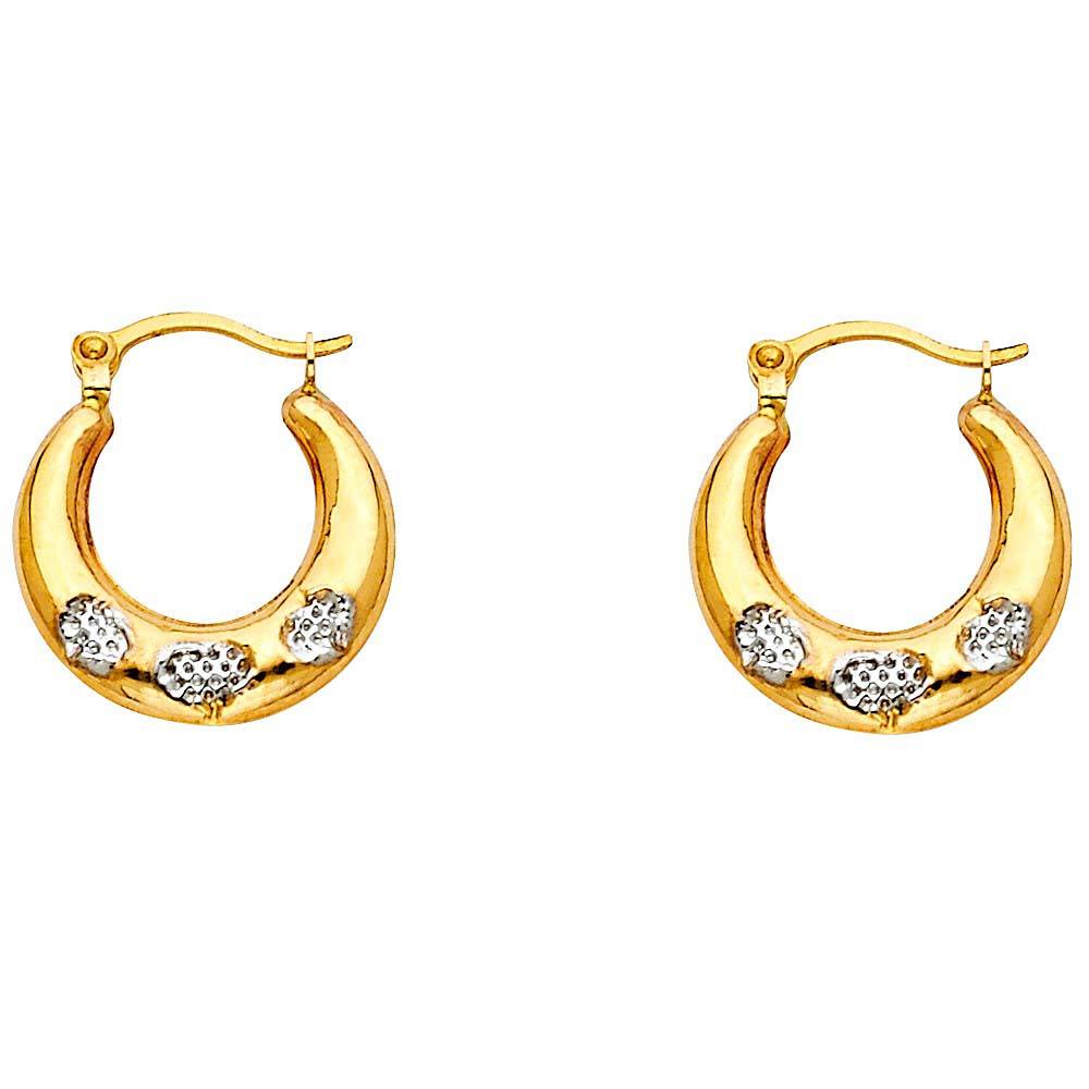 14k Two Tone Gold 15mm Petite Crescent Polished And Textured Hoop Earrings