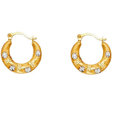 Load image into Gallery viewer, 14k Two Tone Gold 15mm Petite Satin Crescent Flower Burst Hoop Earrings