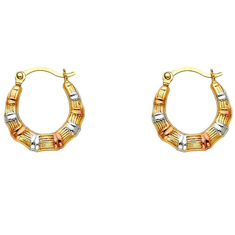 14k Tri Color Gold 15mm Fancy Hollow Hoop Earrings