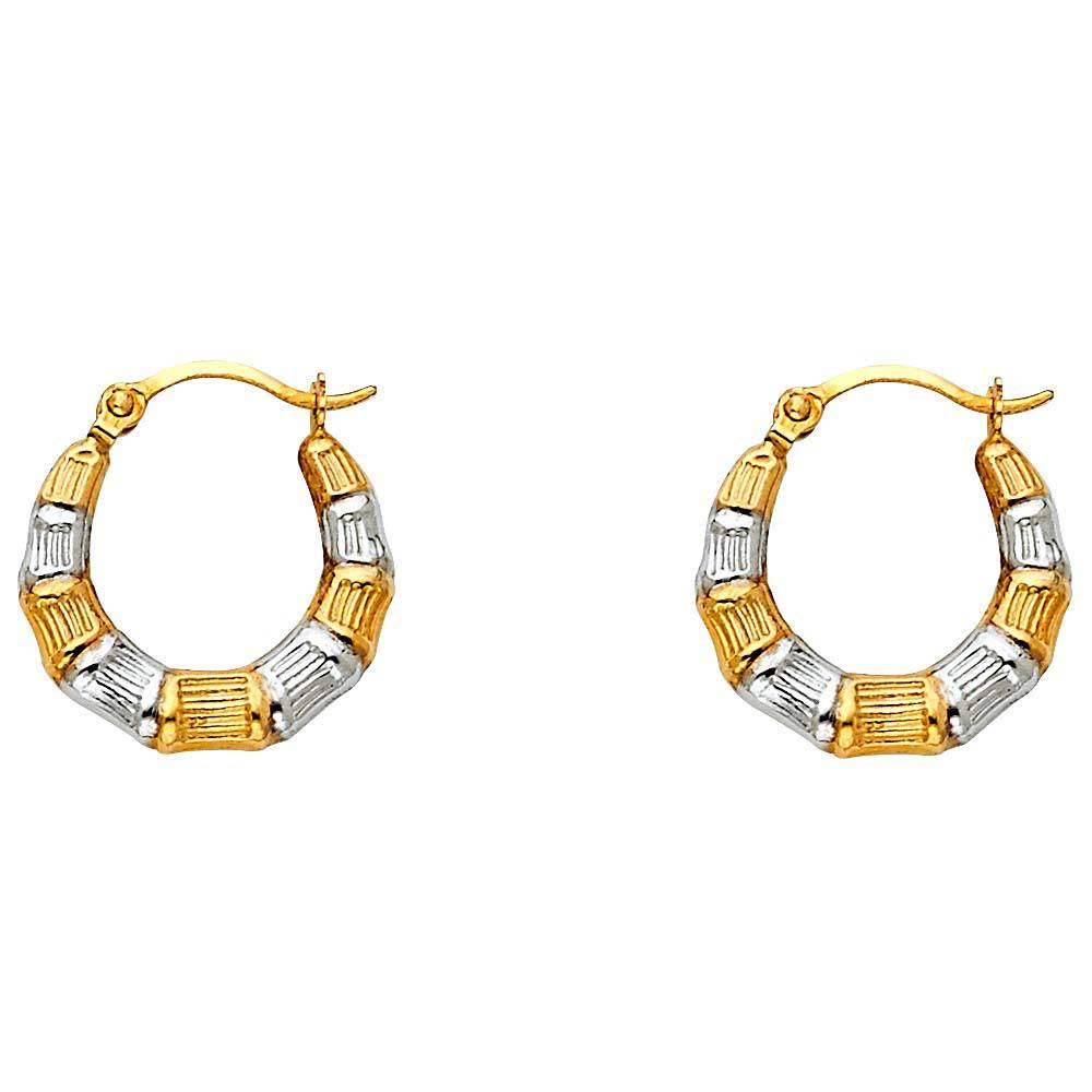 14k Two Tone Gold 15mm Polished Textured Crescent Hoop Earrings