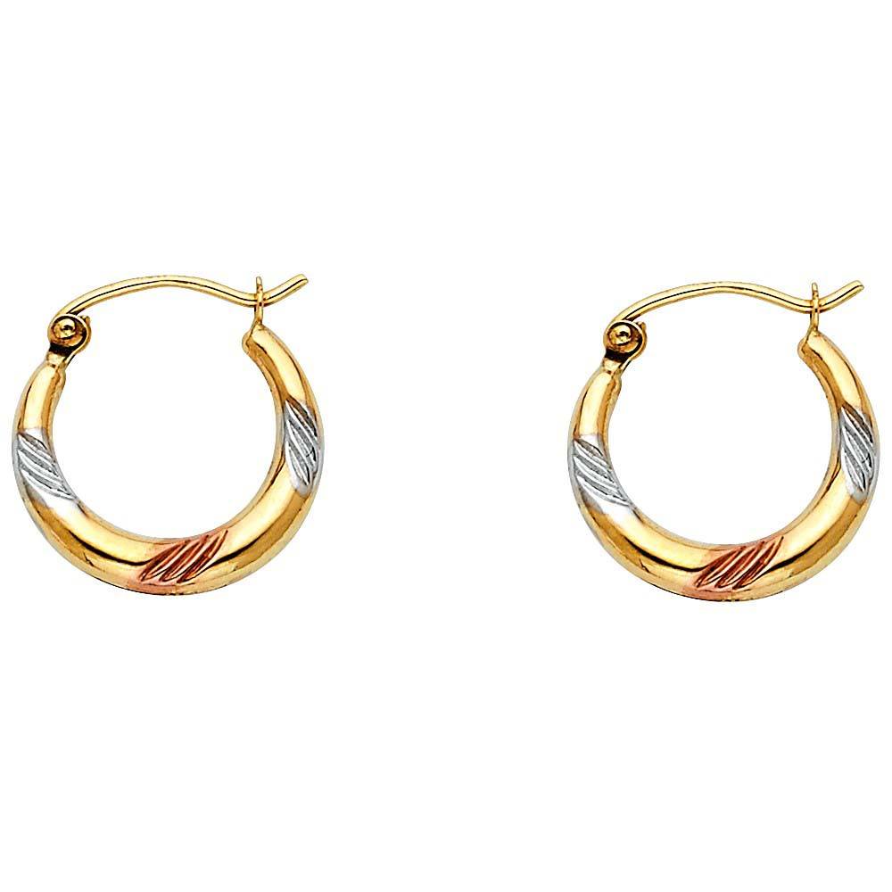 14k Tri Color Gold 15mm Polished Petite Ribbed Swirl Design Hoop Earrings