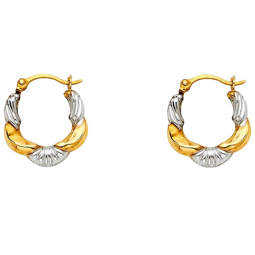 14k Two Tone Gold 13mm Polished Petite Ribbed Swirl Shell Design Hoop Earrings