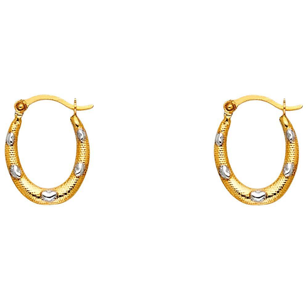 14k Two Tone Gold 12m Polished Oval Textured with Hearts Hoop Earrings