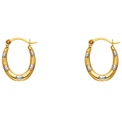 14k Two Tone Gold 12m Polished Oval Textured With Hearts Hoop Earrings