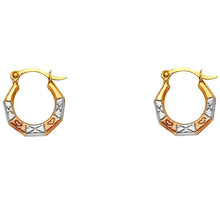 Load image into Gallery viewer, 14k Tri Color Gold 12mm Polished Petite Crisscross And Heart Hoop Earrings