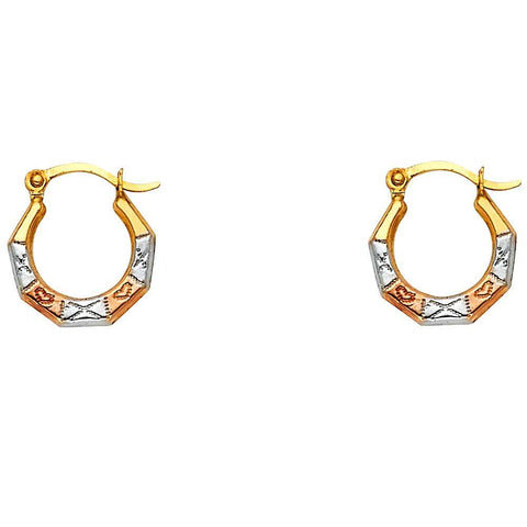 14k Tri Color Gold 12mm Polished Petite Crisscross And Heart Hoop Earrings