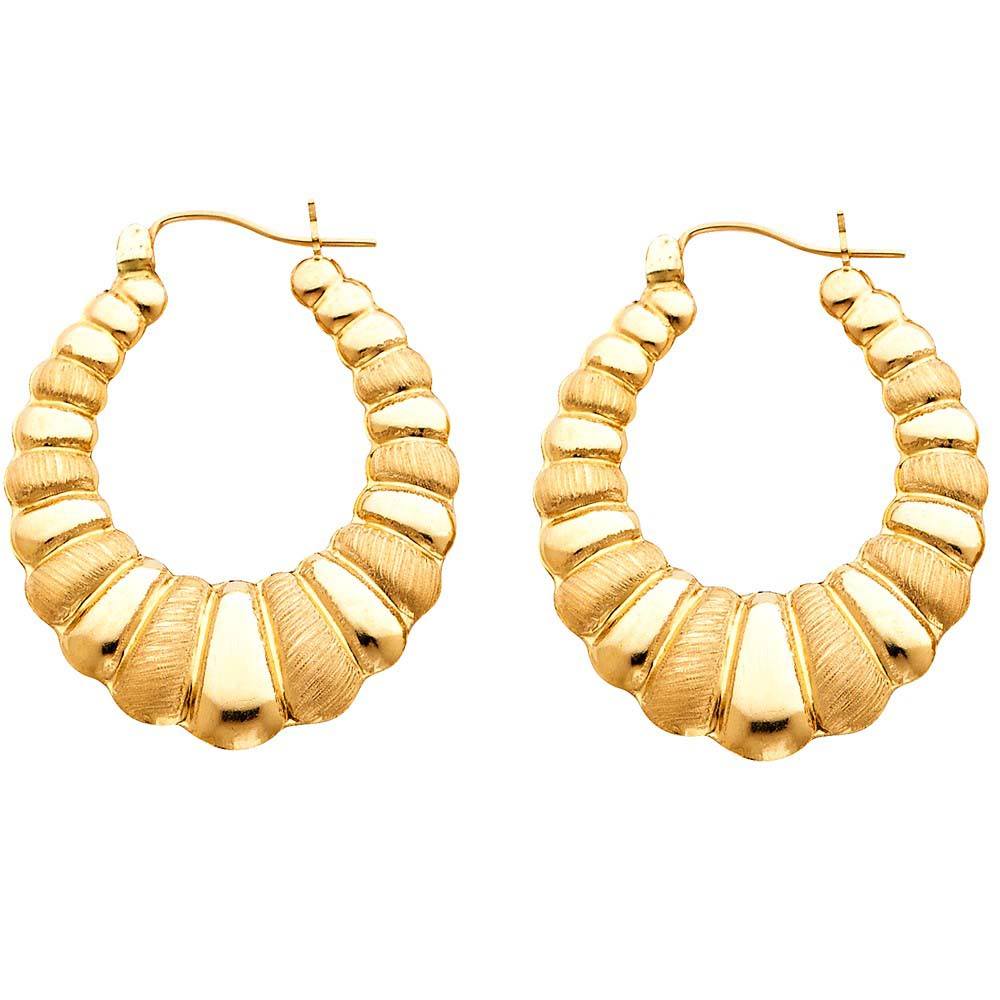 14k Yellow Gold 31mm Polished Medium Crescent Brushed Ribbed Hoop Earrings