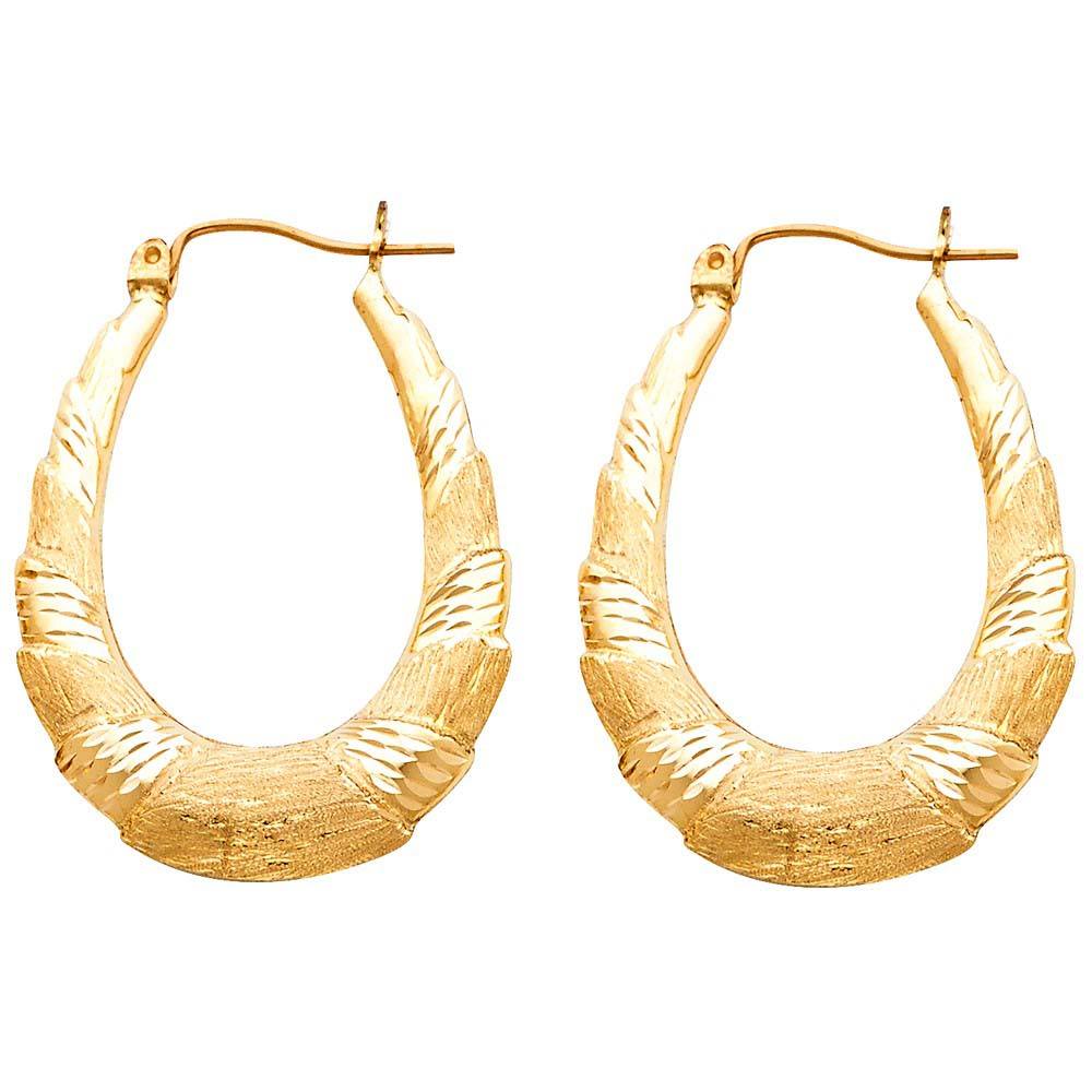 14k Yellow Gold 27mm Polished Brushed Oval Crescent Hoop Earrings With Hinge Notch Post Backing