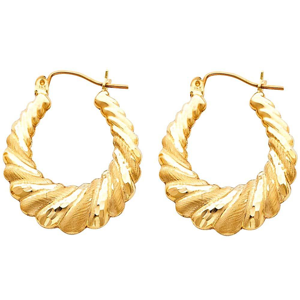 14k Yellow Gold 25mm Polished Medium Oval Ribbed Brushed Hoop Earrings