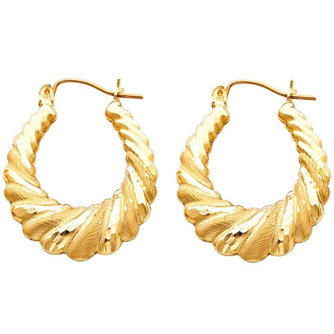 14k Yellow Gold 25mm Polished Medium Oval Ribbed Brushed Hoop Earrings
