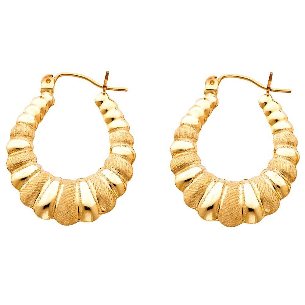 14k Yellow Gold 23mm Polished Medium Crescent Ribbed Brushed Hoop Earrings