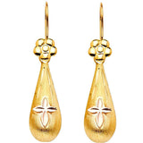 14k Two Tone Gold 9mm Hollow Flower Teardrop Hanging Earrings