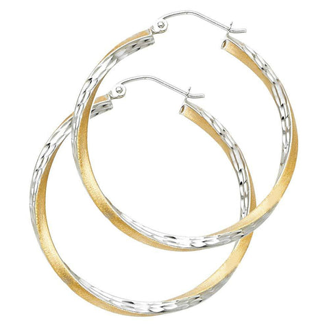 14K Two Tone Gold 2.6mm DC Satin Hoop Earrings