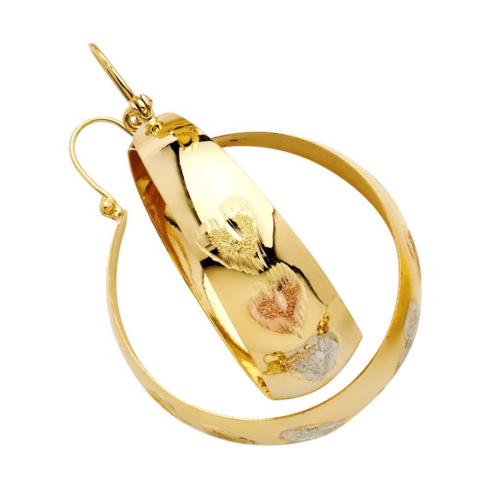 14K Tri Color Heart Diamond Cut Graduated Hoop Earrings